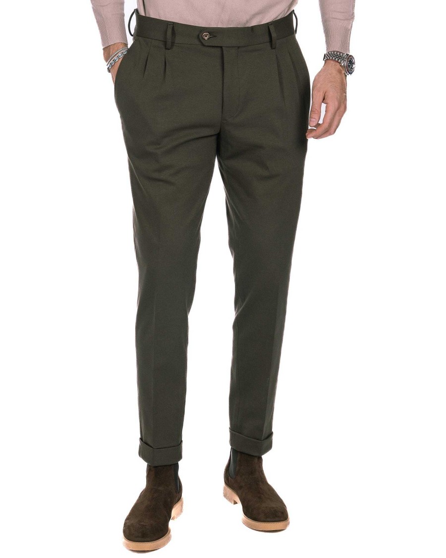 Abbigliamento SAVEONE Pantaloni | Thomas - Pantalone Due Pinces Militare In Punto Milano