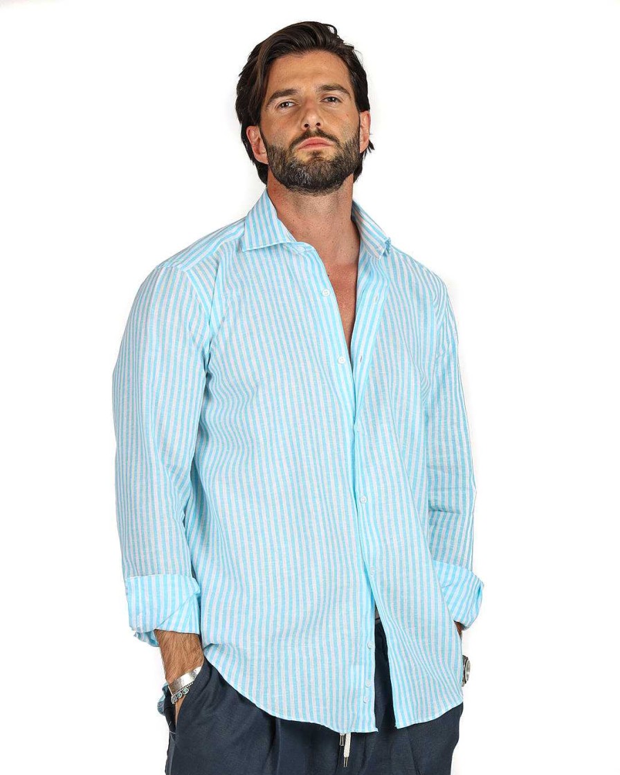 Abbigliamento SAVEONE Camicie | Ischia - Camicia Classica Righe Strette Turchese In Lino