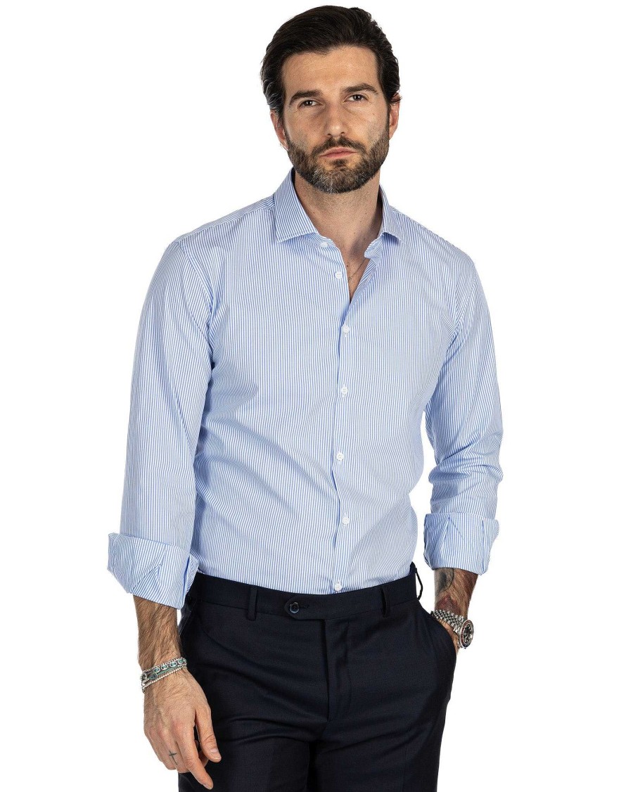 Abbigliamento SAVEONE Camicie | Camicia - Slim Fit Mille Righe Azzurre