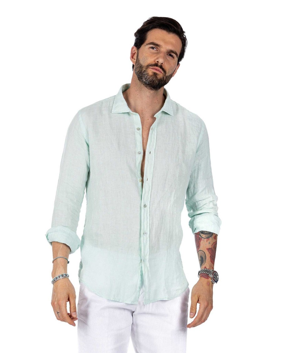 Abbigliamento SAVEONE Camicie | Montecarlo - Camicia In Puro Lino Verde Chiaro